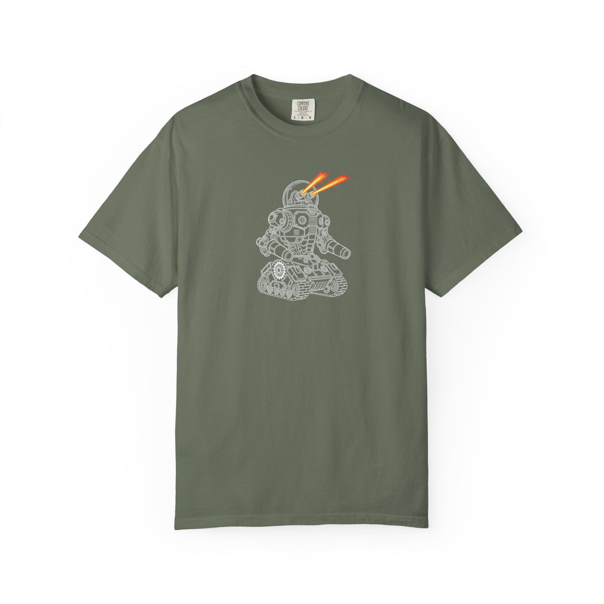Robot Tank Graphic T-Shirt — Retro Mech Design with Laser Eyes