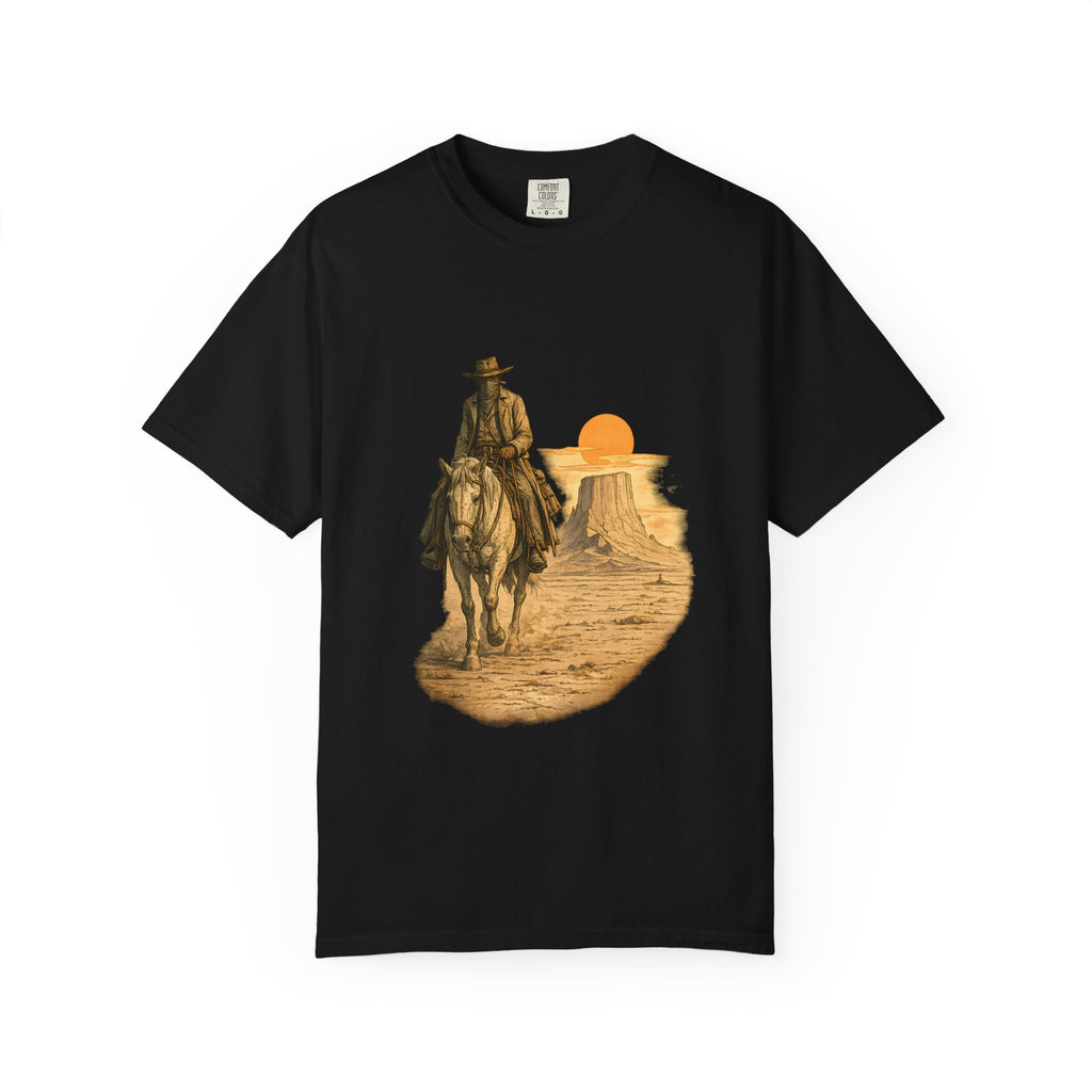 Western Sunset Cowboy T-Shirt — Rider Silhouette Desert Graphic