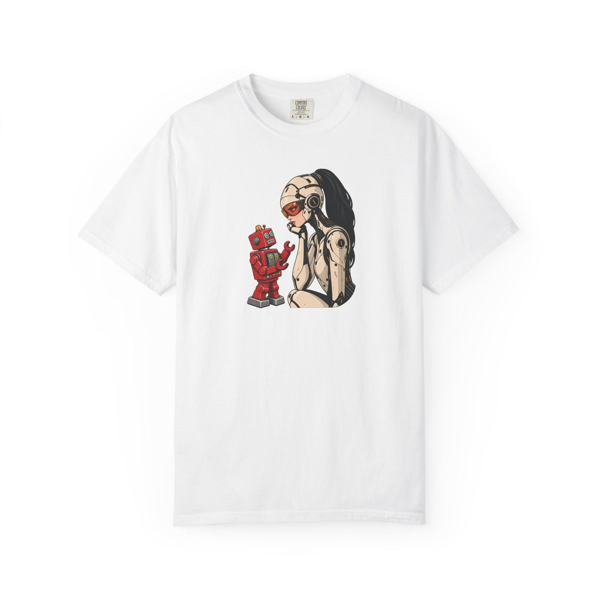 Graphic Tee — Retro Pinup Girl with Red Toy Robot Illustration