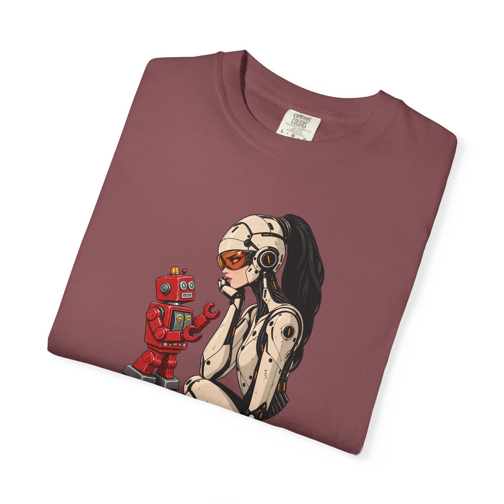 Graphic Tee — Retro Pinup Girl with Red Toy Robot Illustration