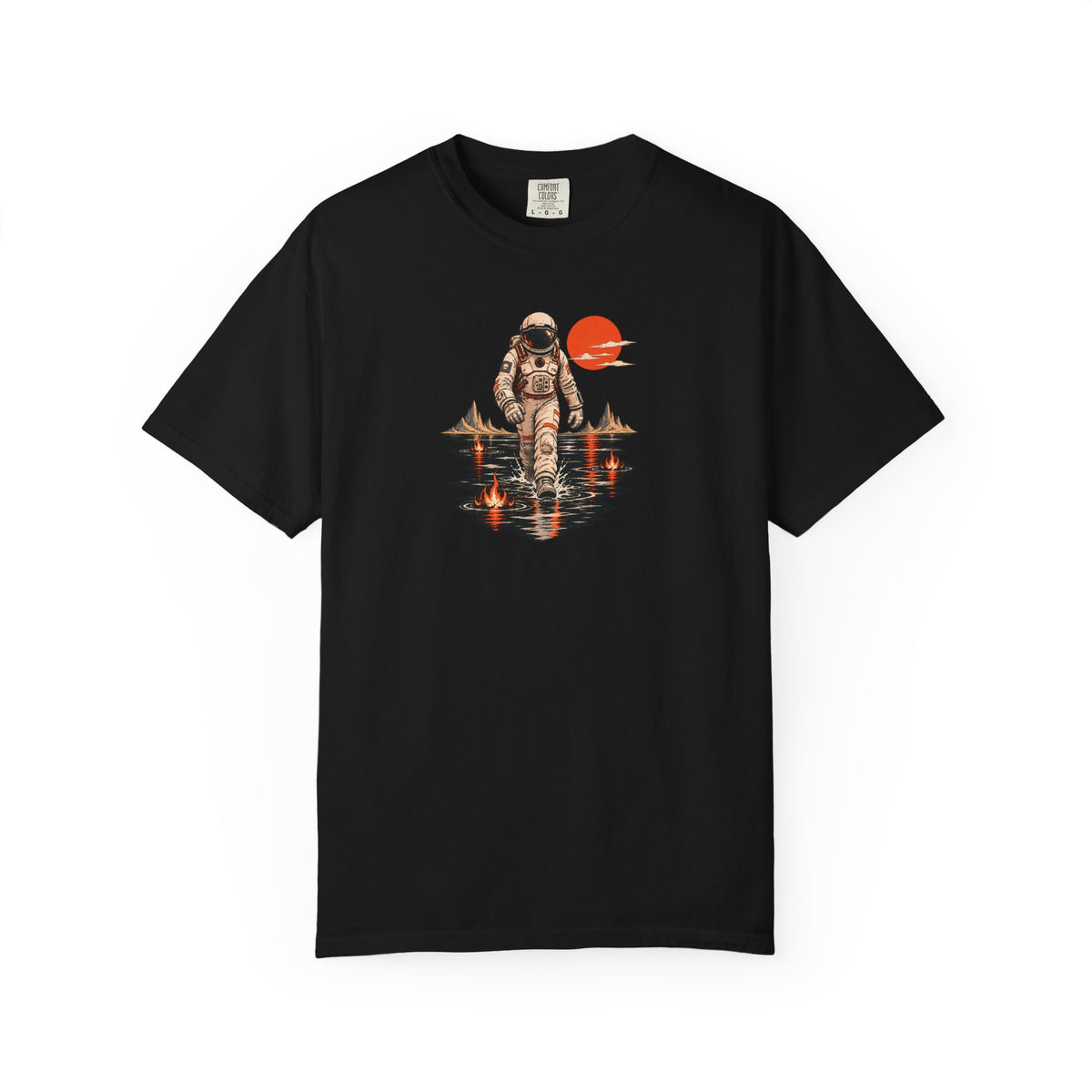 Astronaut Lake Scene T-Shirt — Retro Space Explorer Graphic Tee
