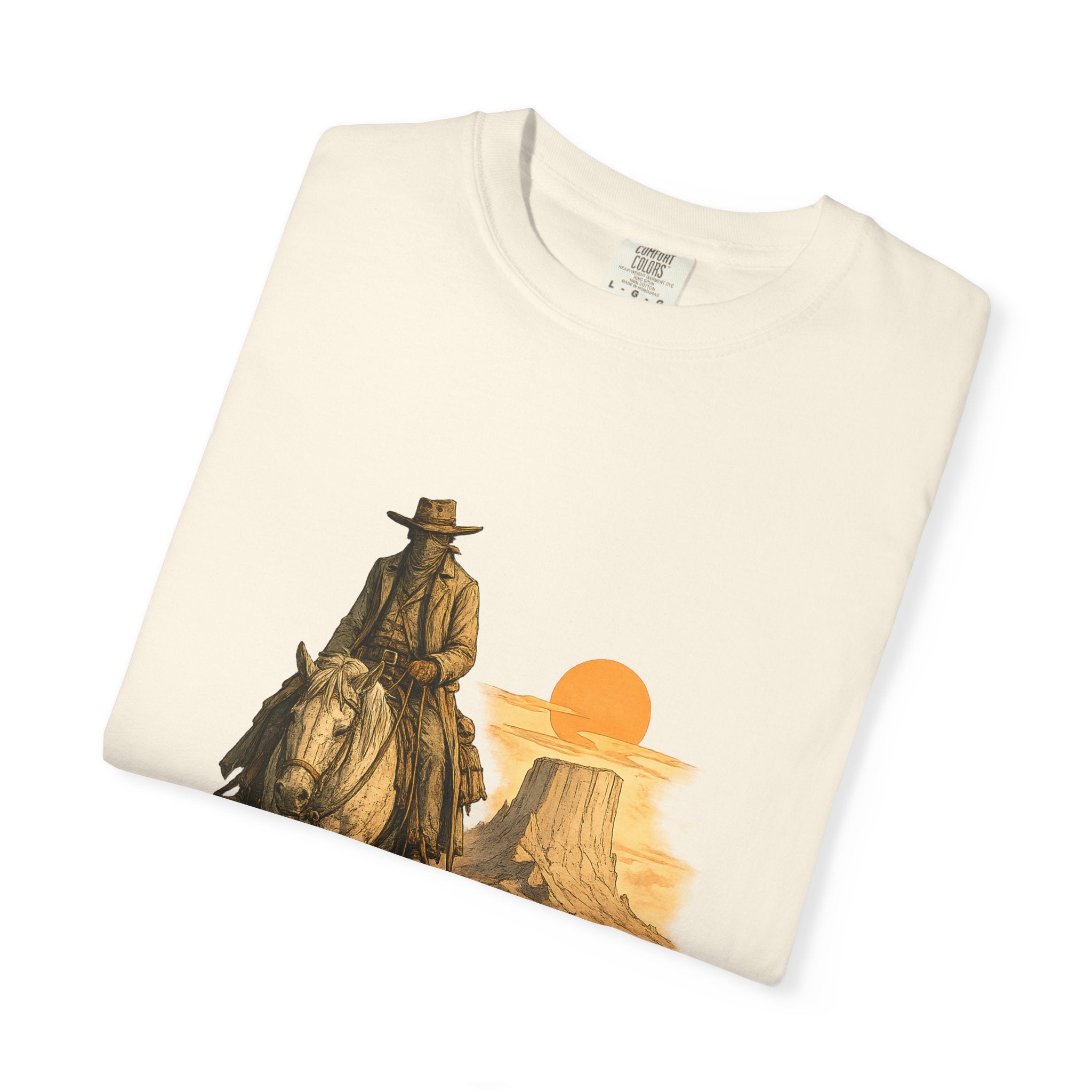 Western Sunset Cowboy T-Shirt — Rider Silhouette Desert Graphic