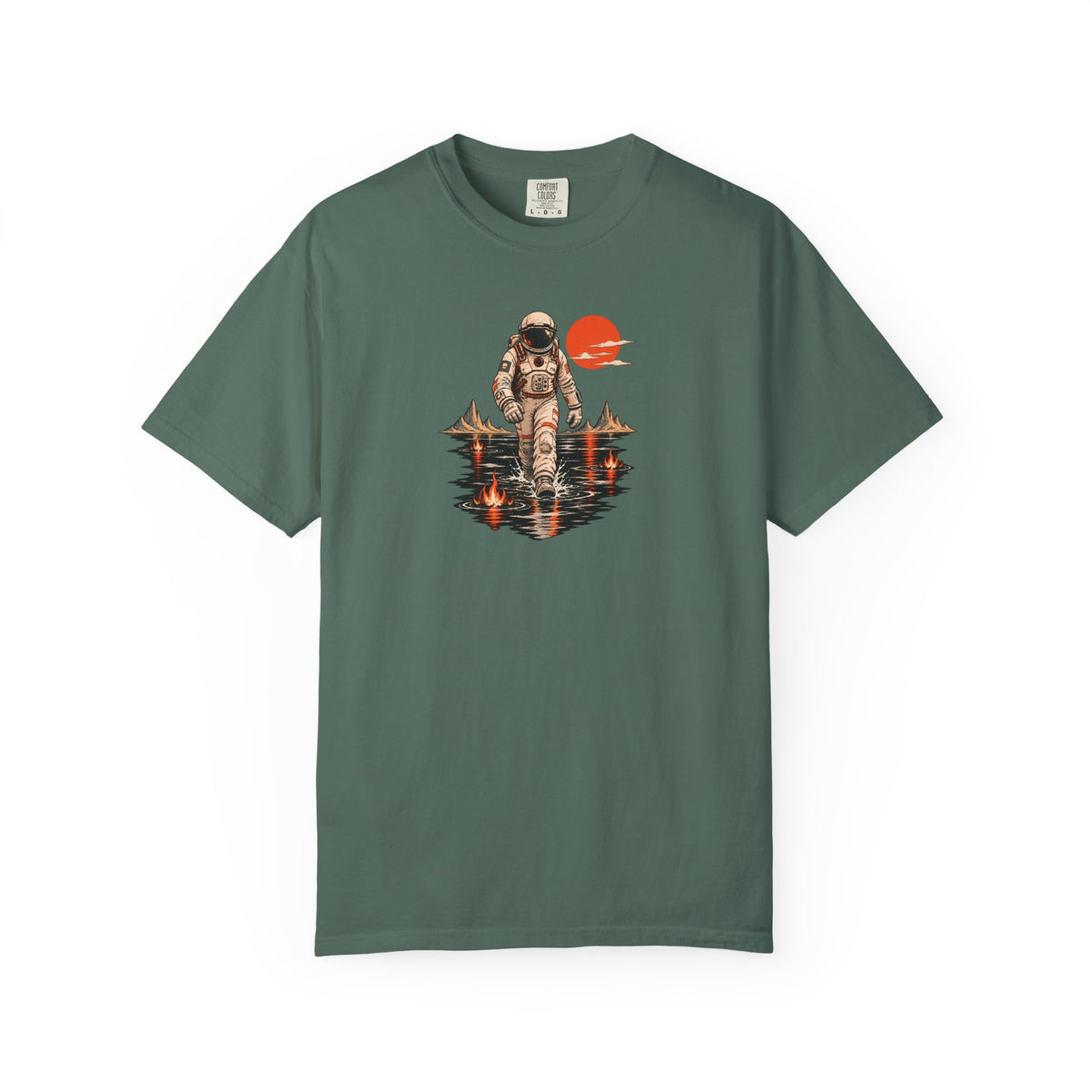 Astronaut Lake Scene T-Shirt — Retro Space Explorer Graphic Tee