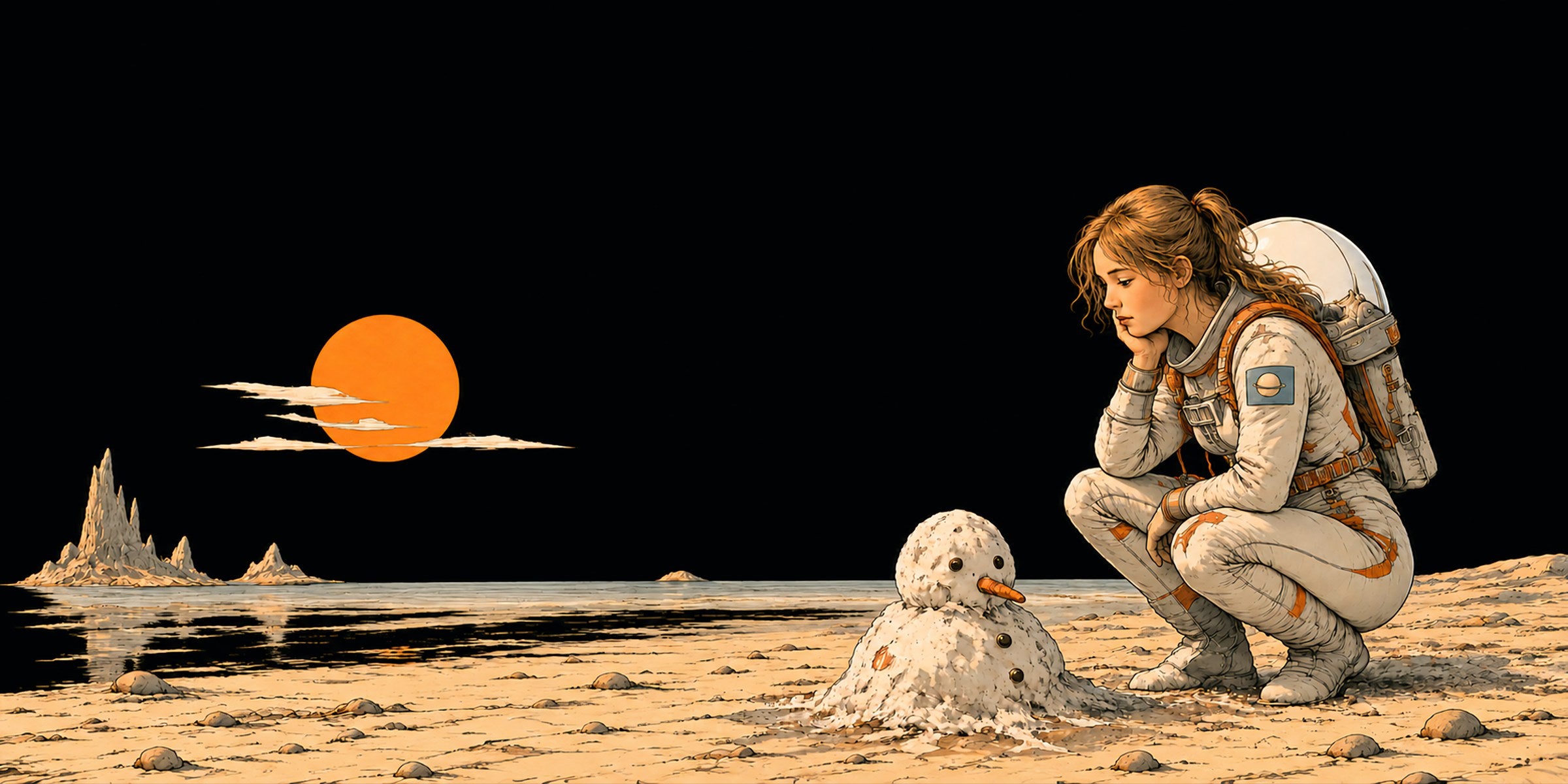 An astronaut crouches on a sandy alien shore, gazing at a melting snowman beneath an orange sun